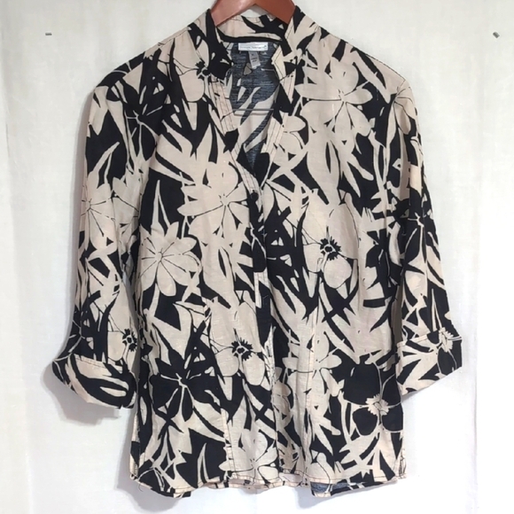 Harve Benard Black Beige Floral Linen Blend 3/4 Sleeve Half Button Size XL - Picture 1 of 6